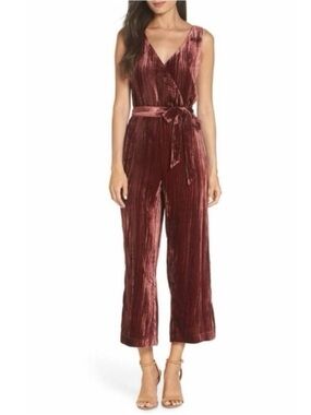 BB Dakota Burgundy Velvet V-Neck Jumpsuit with Self Tie AZ0822
